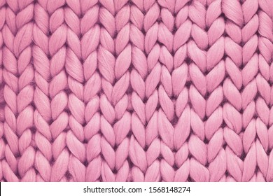 Texture Of Pink Wool Big Knit Blanket. Large Knitting. Plaid Merino Wool. Top View