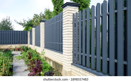 Texture Of Profiled Metal. Metal Fence. Urban Landscaping.