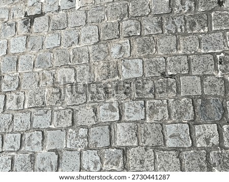 Texture of a rough aged pavement constructed with square blocks. It's detailed and shows signs of wear and time. Suitable for background and overlay use.