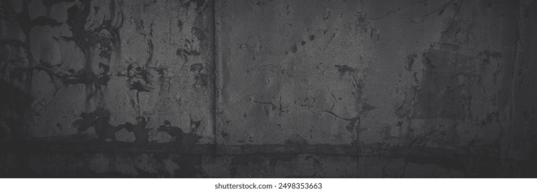 Texture of rusty metal. Rough metal surface with rust. Corroded and oxidized old iron. Rusted and aged metal sheet. Faded dark wide panoramic background for design.