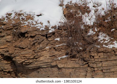 texture of sandstone stone; layered structure of stone; winter texture; mountainside with a bush; reddish snow