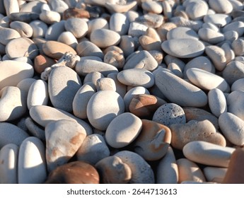 texture of small round beach pebbles when exposed to morning sunlight
