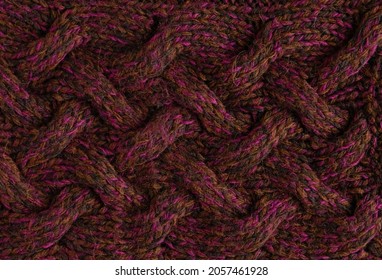 Texture of smooth knitted dark sweater with pattern. Top view, close-up. Handmade knitting wool or cotton fabric texture. Background of knitting patterns with a horizontal large Braid Cable.