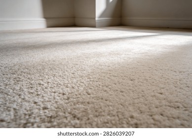 The texture of a soft, deep pile carpet is highlighted by natural light creating gentle shadows across the floor, suggesting comfort and warmth