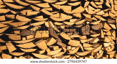 Texture of a stacked pile of split firewood logs, showing cut ends and bark in warm sunlight.