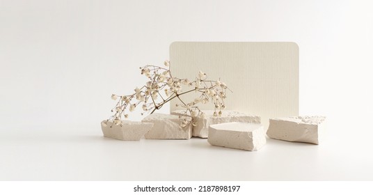 Texture stone platform eco podium and empty card on gray beige copy space horizontal long background. Minimal still life display product presentation scene.