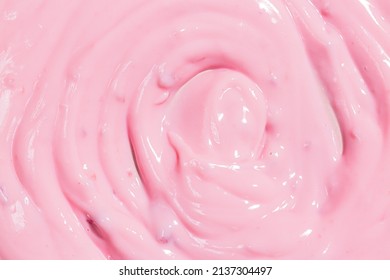 Texture Strawberry Macro Yogurt,Strawberry Frozen Yogurt Background Close Up. Strawberry Ice Cream Texture Close Up. Top View. Pink Fruit Ice Cream Background With Small Pieces Of Berries