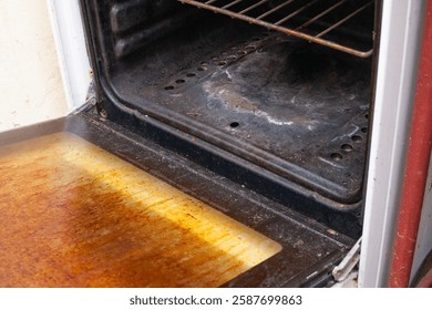 the texture and structure of fat and dirt on a long-unwashed stove and oven, unsanitary conditions in the kitchen when preparing food