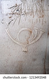 Texture Of The Surface Of An Old, Used, Silver, Gray, Mailbox, Rust Stains, Posthorn, Paint Peeled Off, Many Scratches Results In A Clear Abstract Pattern Background.
