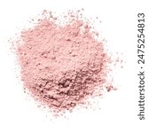 Texture swatches of cosmetic pink clay kaolin, eye shadows, blush powder on a white isolated background. Natural face mask. Dry matcha tea