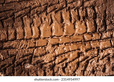 Texture of the trace from the car on the mud. dirt road after the rain Close-up. natural light, bright sunshine. Super-detailed background. Macro - Shutterstock ID 2314954997
