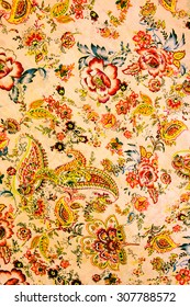 Texture Of Vintage Print Fabric Striped Flowers And Paisley For Background