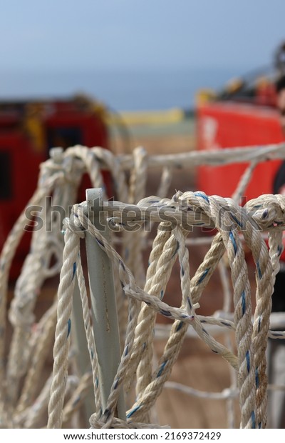 Texture of white and strong gangway net made of\
nylon fiber, as a grip and safety when crossing the ship\'s gangway.\
Safety net installed between the pier and the ship as a background\
or backdrop