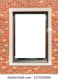 The Texture Of The Window In The Store, Opposite The Wall Of Red Brick. White Showcase. Close-up. The Background