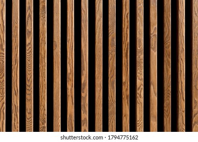 Texture Of Wood Lath Wall Background. Seamless Pattern Of Modern Wall Paneling With Vertical Wooden Slats For Background