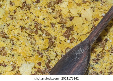 Texture With Yellow Crumbs With Bacon, Spoon Inside, Copy Space