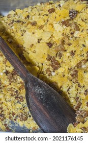 Texture With Yellow Crumbs With Bacon, Spoon Inside, Copy Space