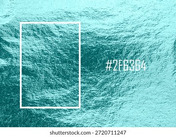 Textured abstract surface highlighting transformative teal as the color of 2026, revealed through light-reflective structure and fluid tonal variation. A framed swatch and hex reference emphasize a