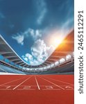 textured  athlete running track bein sunlight with copy space - center. Poster.