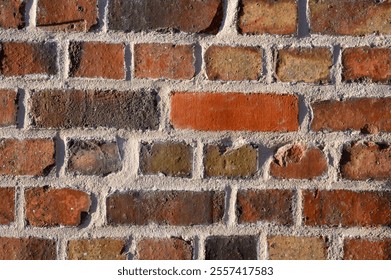 Textured brick wall features a diverse mix of colors including reds and browns, creating a rustic appearance perfect for adding charm to any space - Powered by Shutterstock