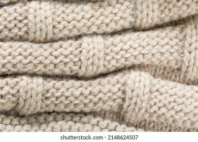 Textured Brown Macro Sweater,Seamless Texture Of Handmade Knitting Of Natural Yarn. Sheep Common Wool. Knitted Background. Closeup