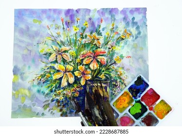 textured colorful abstract oil painting flower background, , art supply  , Palette , paintbrush