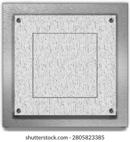 A textured gray panel with a centered square outline, bordered by metallic edges and screws, suggesting a minimalist design.