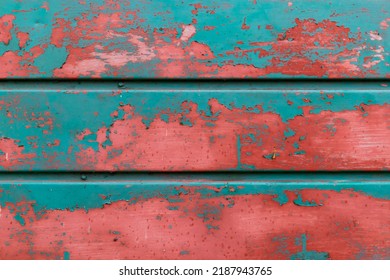 Textured Industrial Metal Door With Green And Red Paint Abstract Background 