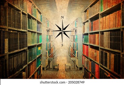 Textured Old Vintage Paper Style Background With Old Library And Wind Rose 