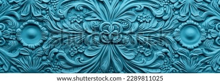 Textured relief background of floral ornaments. Blue background in the format of a wide banner.