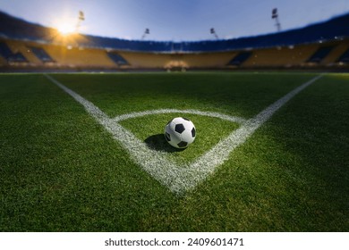 textured soccer game field with ball on corner marker the soccer goal. - Powered by Shutterstock