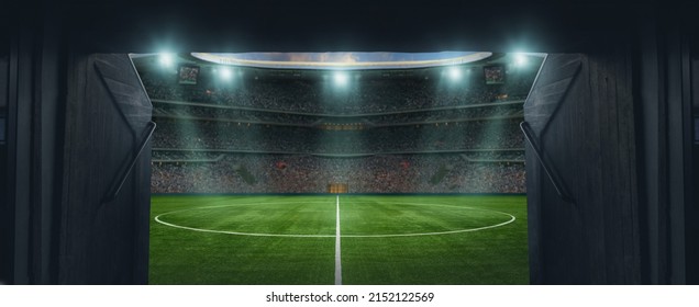 textured soccer game field with entrance to stadium - center, midfield - Shutterstock ID 2152122569