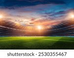 textured soccer game field with neon fog - center, midfield. Empty soccer stadium with spotlight and fan tribune  football team. Concept of live sport events, tournament, Large football stadium 