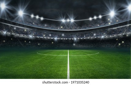 textured soccer game field with neon fog - center, midfield - Shutterstock ID 1971035240