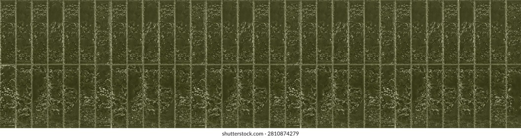 A textured surface featuring narrow rectangular vertical kitkat tiles with an uneven glossy glaze, metallic reflections, and olive green color tones.