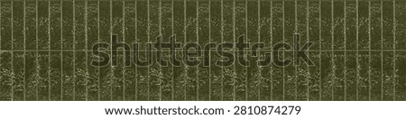 A textured surface featuring narrow rectangular vertical kitkat tiles with an uneven glossy glaze, metallic reflections, and olive green color tones.