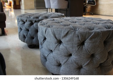 Textured Two Grey Round Tufted Sofa Ottoman