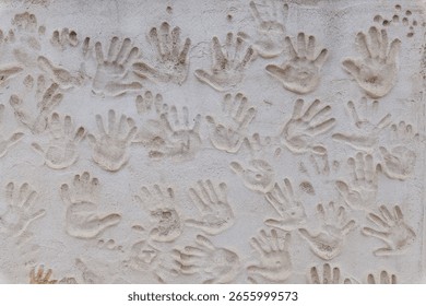 A textured wall features an array of handprints, creating a tactile and artistic display of human connection and creativity
