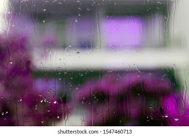 Textured wet window glass with rain drops and abstract pupple, green and gray blurs