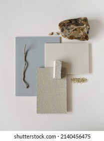 Textures mood board. Material samples interior design. Moodboard for architects styling and selection. Top view moodboard. Material samples