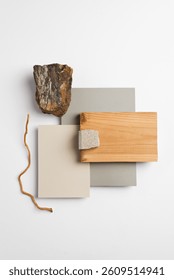 Textures mood board. Material samples interior design. Moodboard for architects styling and selection. Material samples, top view