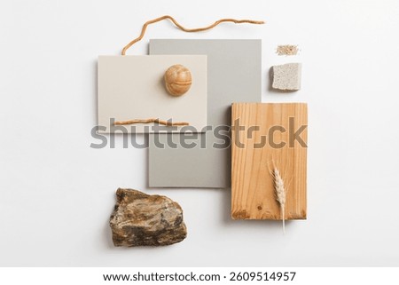 Textures mood board. Material samples interior design. Moodboard for architects styling and selection. Material samples, top view