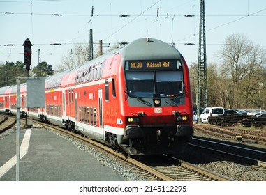 Teysa, Germany - March 23. 2022: Driving Trailer Of A Deutsche Bahn Regional Express Train Arriving In Treysa On 23 March 2022.