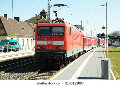 Teysa, Germany - March 23, 2022: 114 014 Of Deutsche Bahn Pushes A Regional Express To Kassel In Treysa On March 23, 2022.