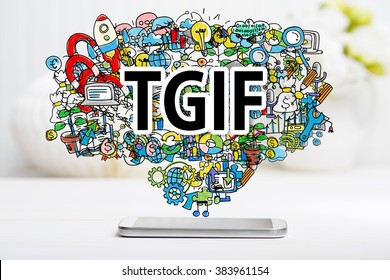 TGIF concept with smartphone on white table