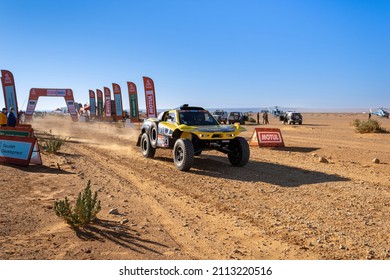 Thadiq, Saudi Arabia - January 6, 2022: The Optimus MD Rallye car of the MD Rallye Sport Team starting Stage 5 of the 2022 Dakar Rally