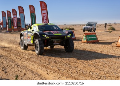 Thadiq, Saudi Arabia - January 6, 2022:  CR6 car of the Century Racing Team starting Stage 5 of the 2022 Dakar Rally