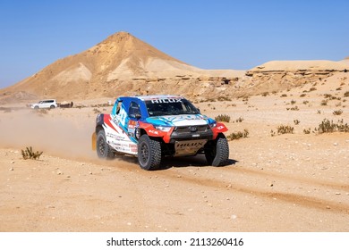 Thadiq, Saudi Arabia - January 6, 2022: The Toyota Hilux Overdrive car of the Overdrive Toyota Team running Stage 5 of the 2022 Dakar Rally