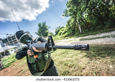 Thai Air Soft Gun Player In Combat Suit