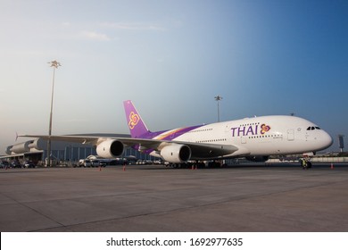 Thai Airways, Bangkok, March 2020 :  Airbus A380 Parking At Suvarnabhumi Airport